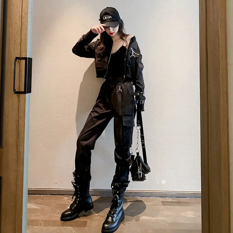 

2020 Women's Sets Overalls Woman Female Black Handsome Street Sweater Jacket Shorts + High Waist Cargo Pants 2-Piece Set Outfits