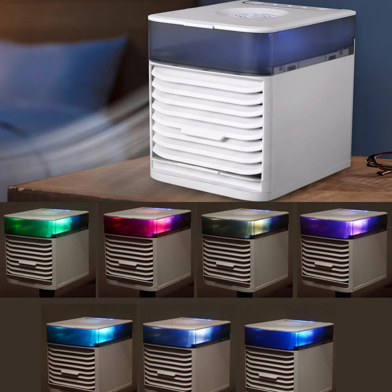 저렴한 홈우드 휴대용 팬, 아이스 전기 USB 미니 에어 쿨러 7 LED 야간 조명 저소음 모바일 컨디셔너 사무실 홈 여름