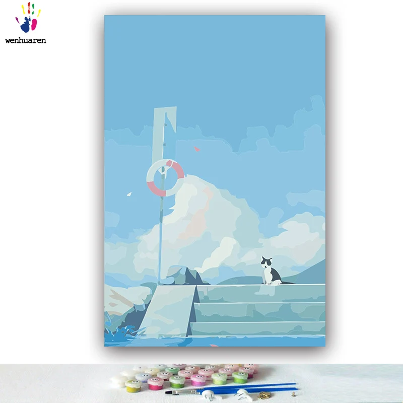 DIY цвета картины по номерам с цветами Синий вид океана иллюстрация Картина