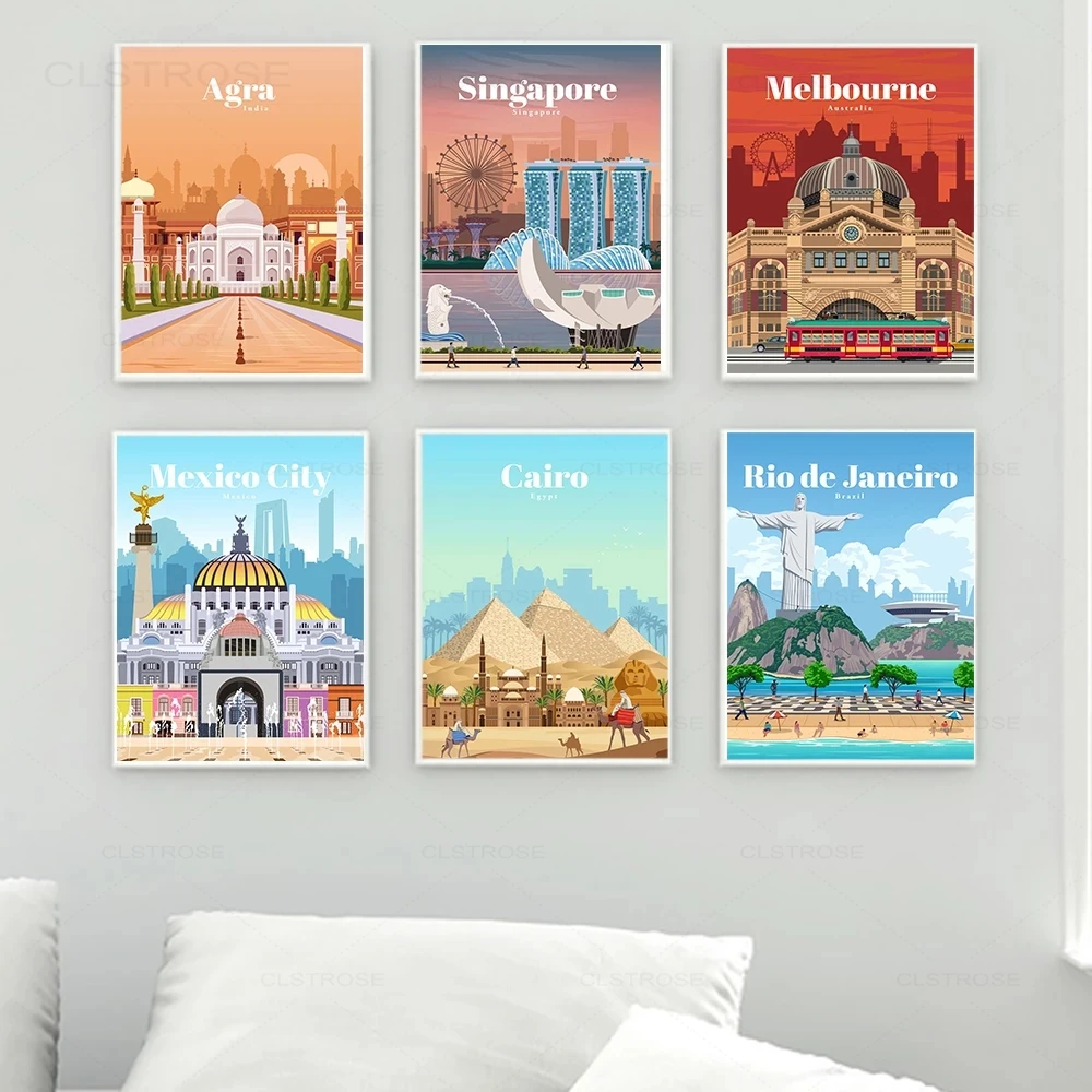 City Travel Landscape Poster Cairo Melbourne Singapore Mexico Agra Canvas Prints Nordic Wall Art Picture Livingroom Office Decor | Дом и сад