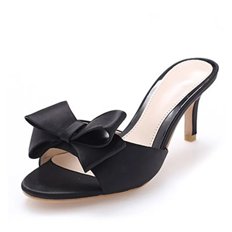 

2020 summer new sandals bow slippers fish mouth Satin thin heel high heel sandals women