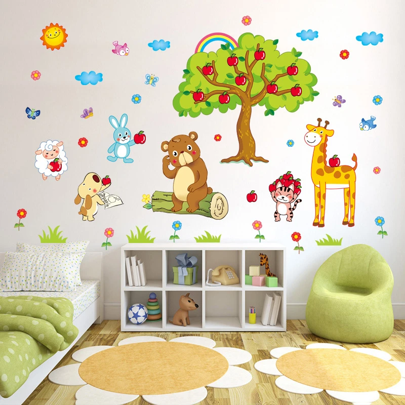 Фото Милые животные рай наклейка на стену яблоко дерево медведь овечка цветы птицы