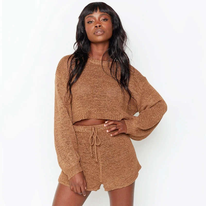 

Sweater Two Piece Set Knitted Long Sleeves Crop Tops Bodycon Shorts Suit Sexy 2 Piece Set Women Outfits Brown M