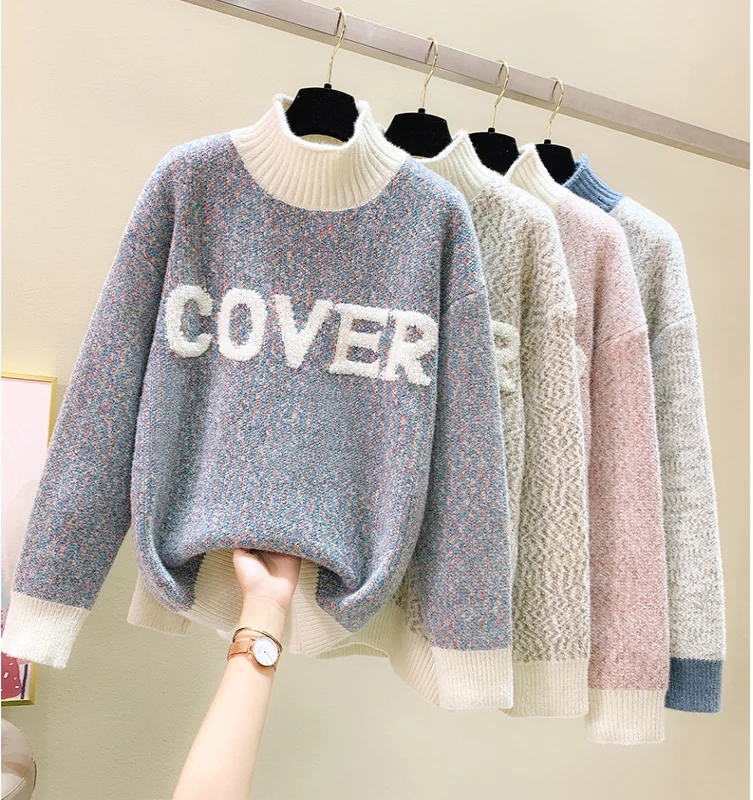 

Autumn and winter wear lazy half high neck thick sweater loose bottoming sweater