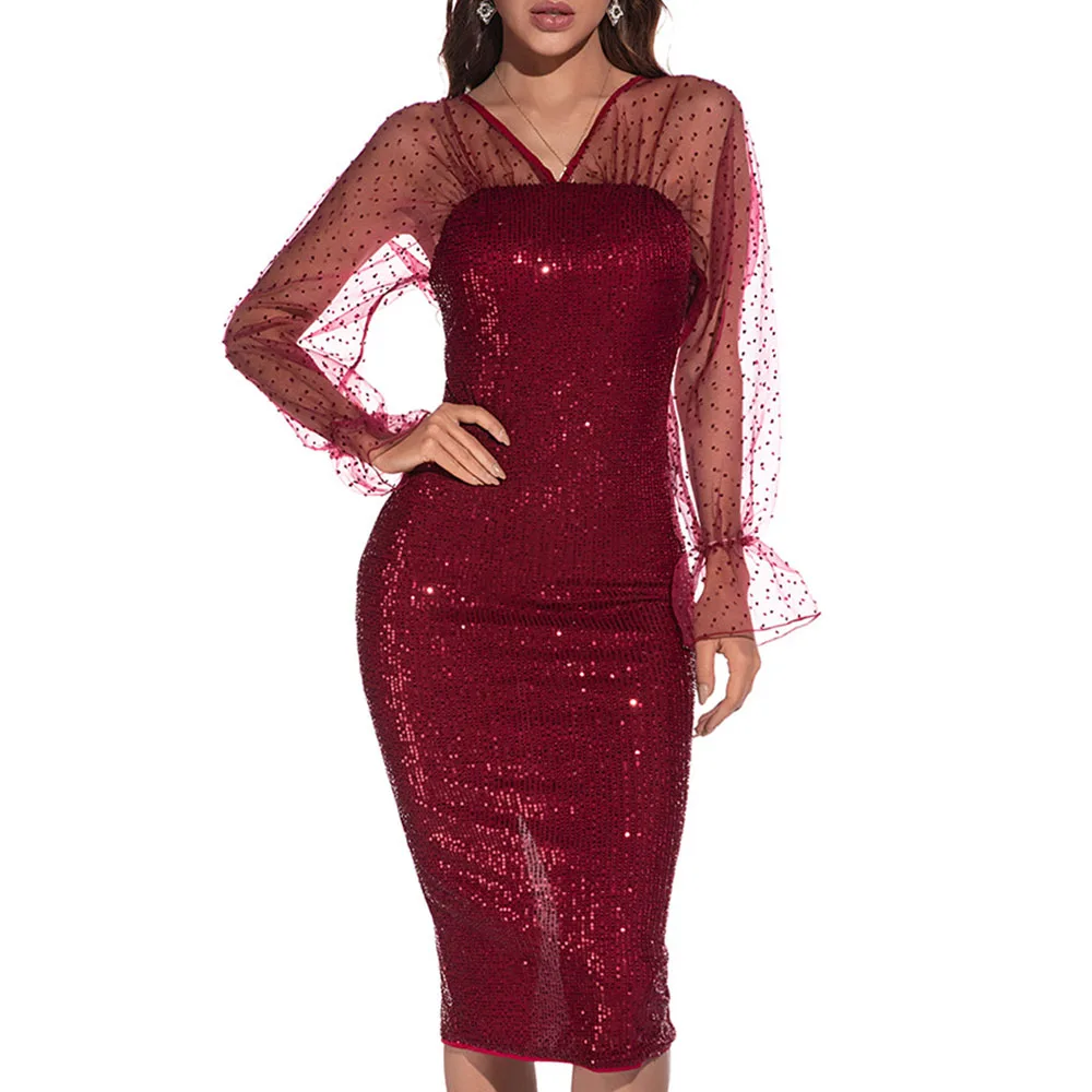 

Party Dress Temperament Elegant Fashion Designer Sexy Perspective Net Yarn Sequins Backless Split Fork V-neck Long Sleeve