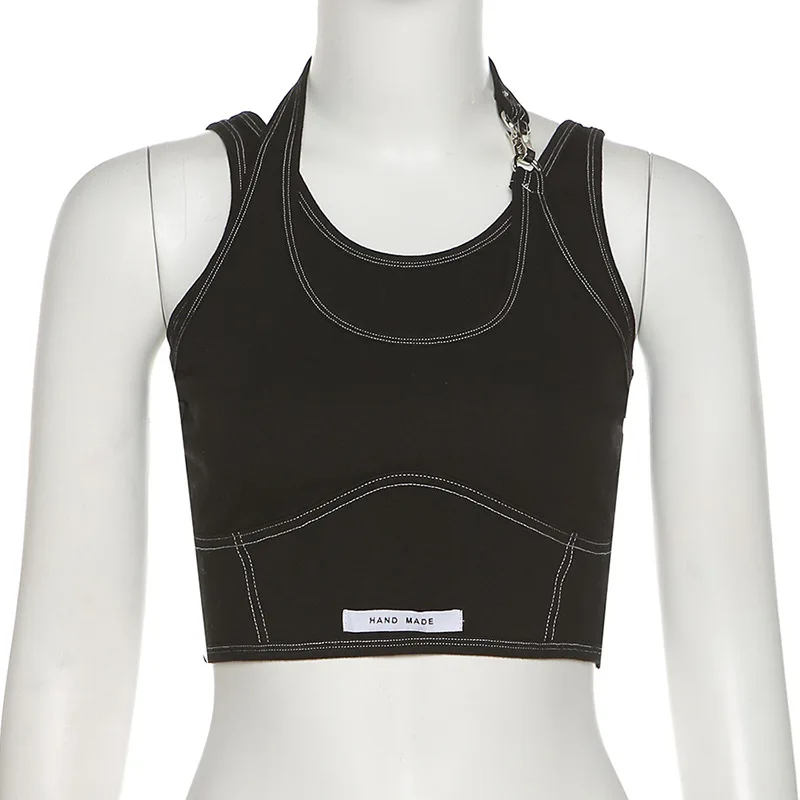 

Eversea Machine Sewing Line Design Tank Lady Neck Sling Applique Sexy Cool Style Crop Tops