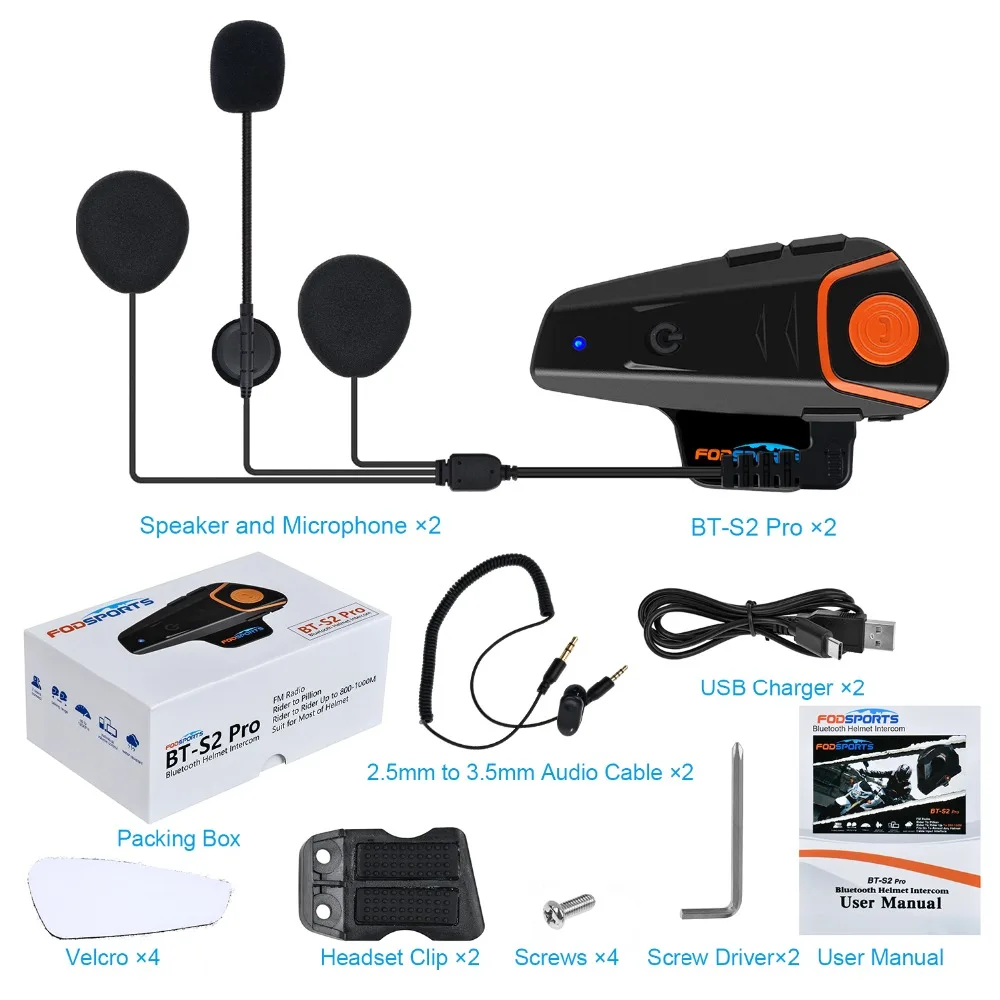Fodsports BT-S2 Pro moto rcycle Интерком 1000 м Мото шлем гарнитура Водонепроницаемый IPX6 BT Interphone FM интерфейс тип-c