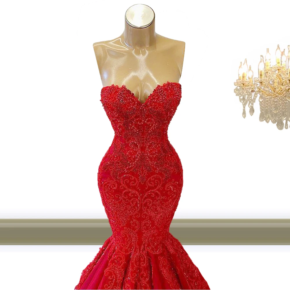 

Beaded lace on tulle red dress vestidos formales robe longue chrie sirne longue rouge robe de bal femme longue
