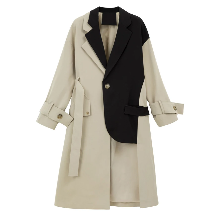 Тренч Женский длинный со шнуровкой с плиссировкой контрастного цвета на осень и