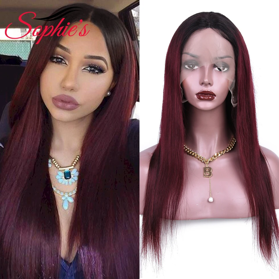 Sophies T1B/99J 4*4 Lace Closure Human Wigs For Black Women Brazilian Straight Remy Hair Pre Plucked Hairline 180% Density 99J