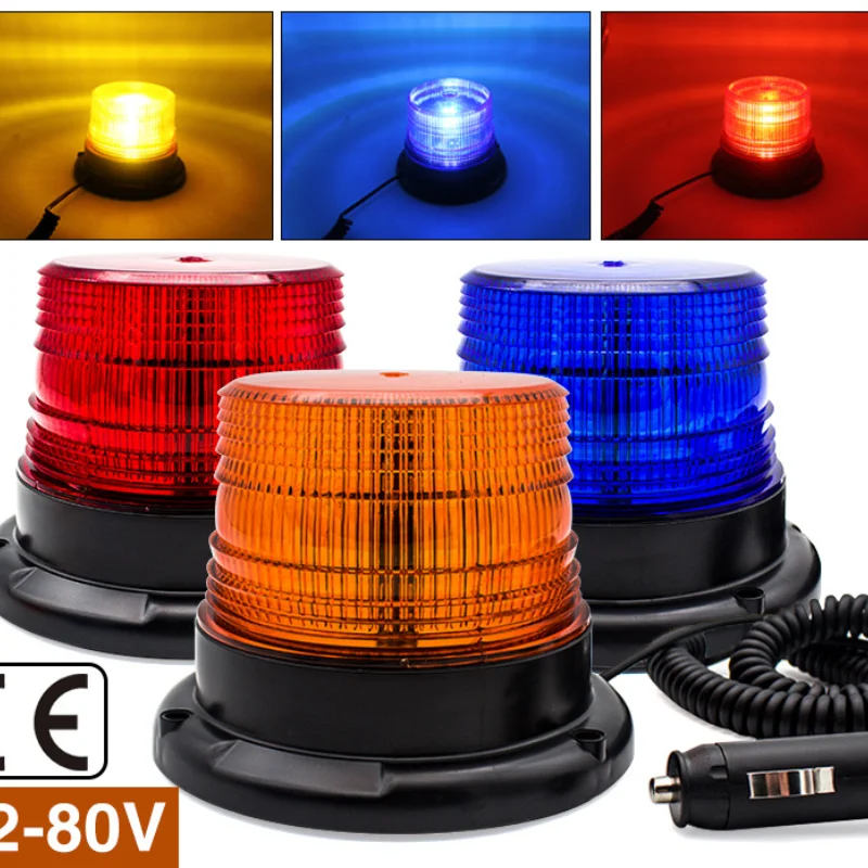 

12-80V Automotive LED Warning Light Forklift Traffic Engineering Vehicle Magnetic Suction Roof Flashing Light Yellow Blue Red