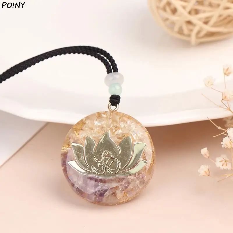 

Healing Jewelry Natural Orgonite Crystal Necklace Amethysts Chips Stone Lotus Orgone Pendant Necklace Pendulum Amulet Energy
