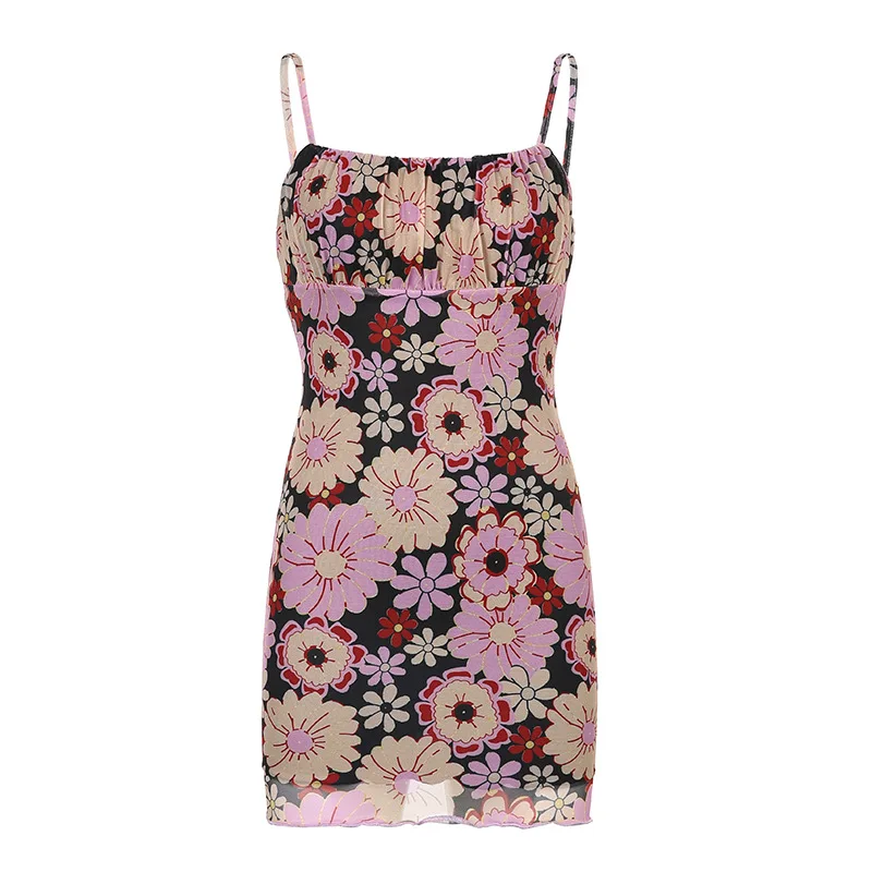 

FAKUNTN y2k Floral Mesh Strap Dress Women Sexy Club Party y2k Clothes Streetwear Women Backless Beach Summer Bodycon Mini Dress