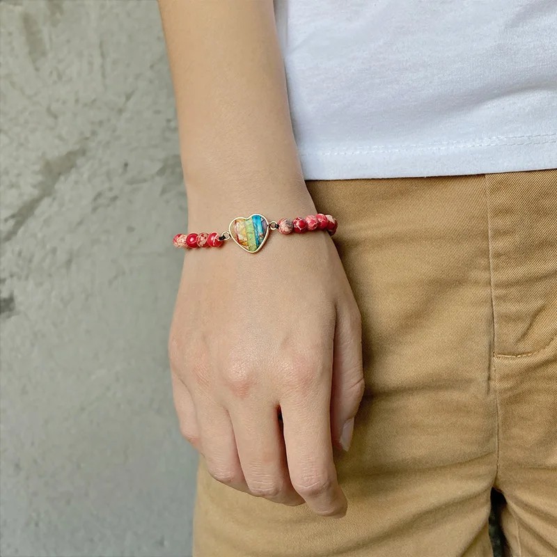 

Love Heart Shape Charm Bracelets Reiki Natural 6 mm Stone Beads Bracelet Men Imperial Jaspe Black Rope Adjustable Pulsera Women