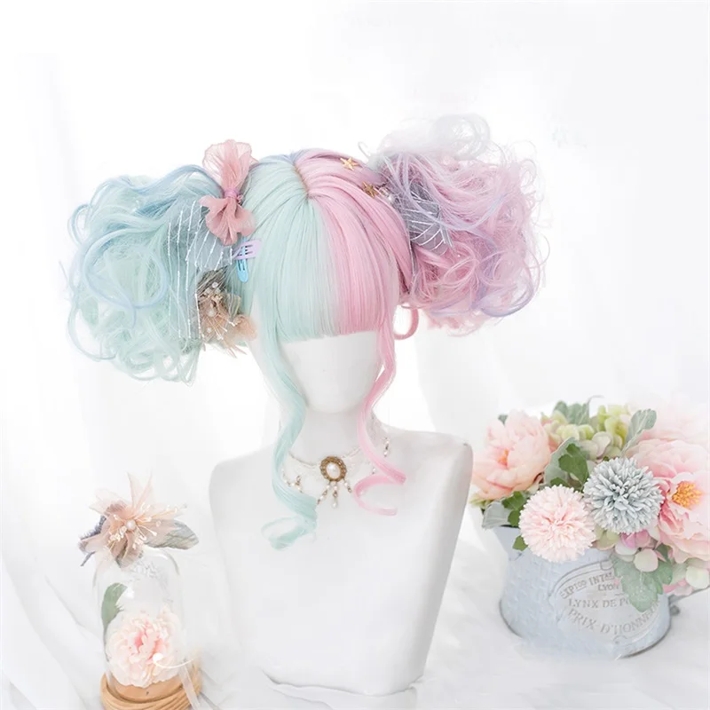 

Lolita Makaron Color Pink Mixed Mint Green Blue Ombre Long Curly Bangs Cute Synthetic Buns Cosplay Wig Cosplaymix 57Cm