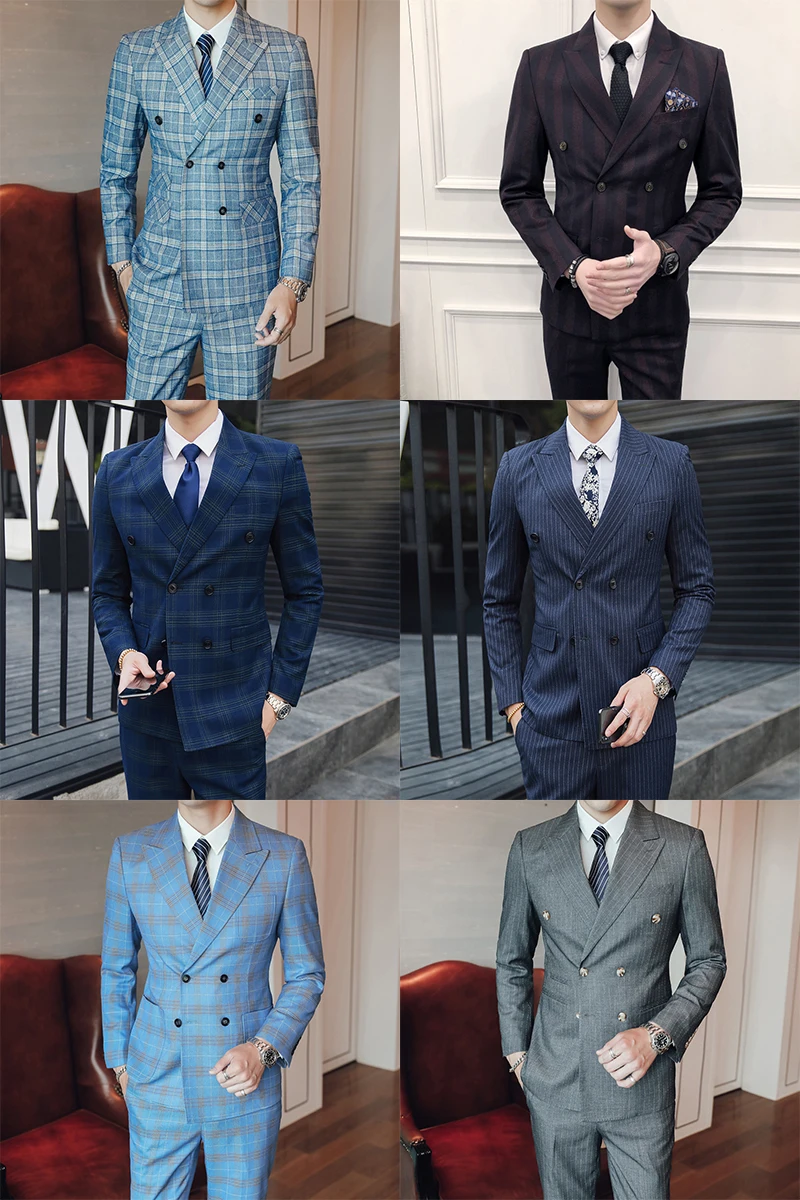 

3 Pieces ( Jacket + Vest +Pants) Mens Double-breasted Suit Fashion Striped Groom Wedding Tuxedo for Men Casual Business Suit
