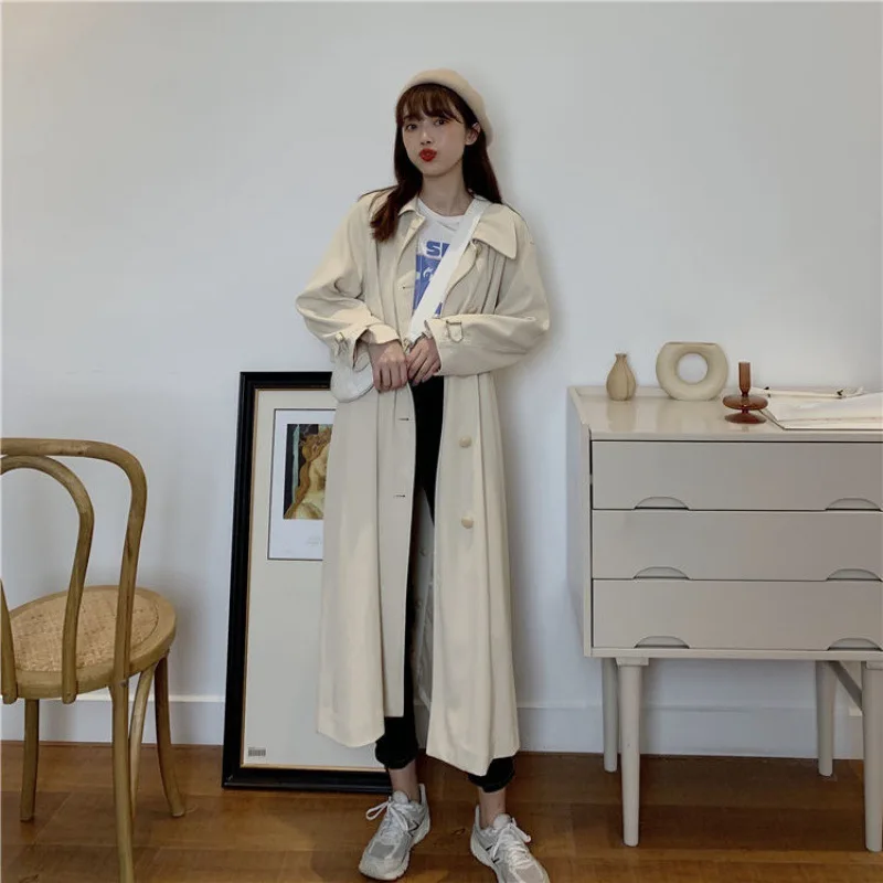 

Korean Vintage Trench Coat Drawstring Waist Fashion Solid Loose 2021 OL Women Versatile Casual Long Elegant