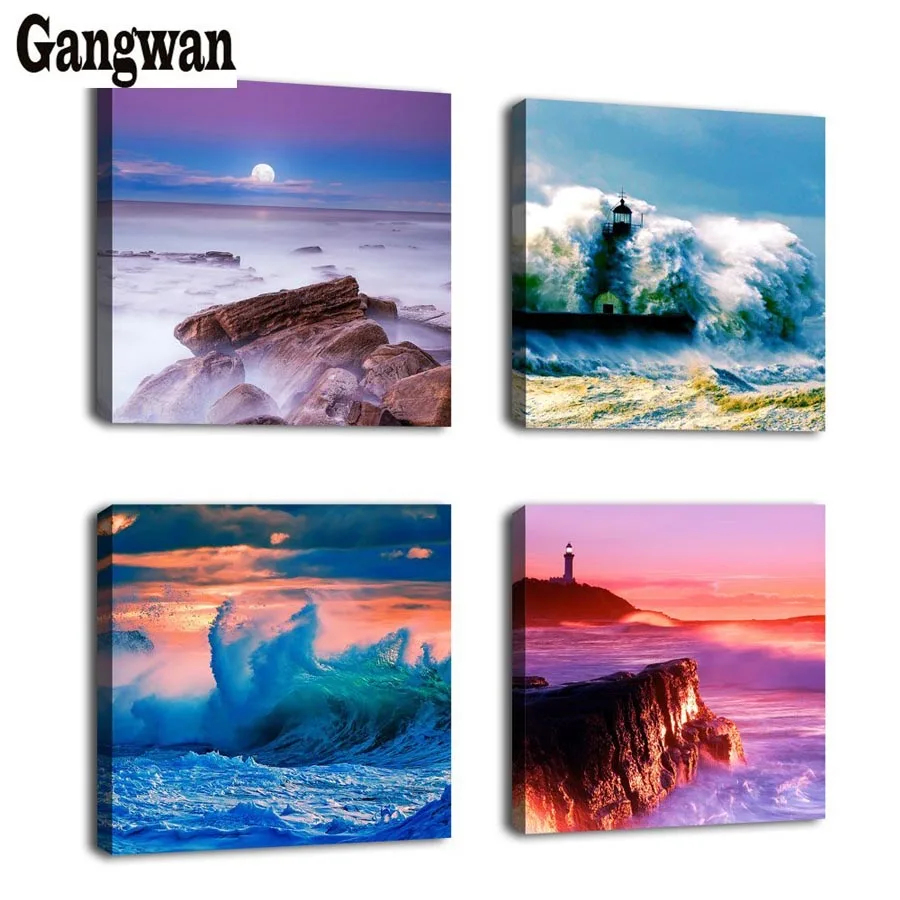 

Набор для вышивки крестиком, 4 шт., закат, морской пейзаж, волна, квадратные круглые стразы, 5D, «сделай сам», декор из алмазной мозаики