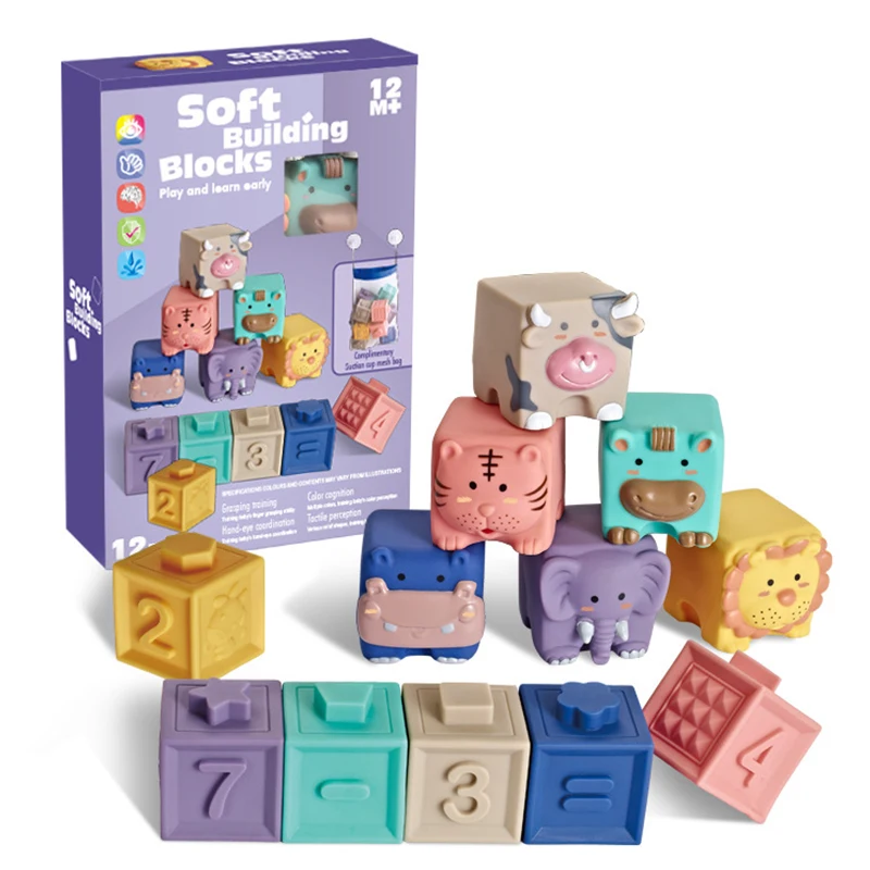 

3D Educational Silicone Building Blocks Soft Hanging Ball Kid Rubber Teether Bath Cube Toy Baby Sensory Soft Toys For Toddlers