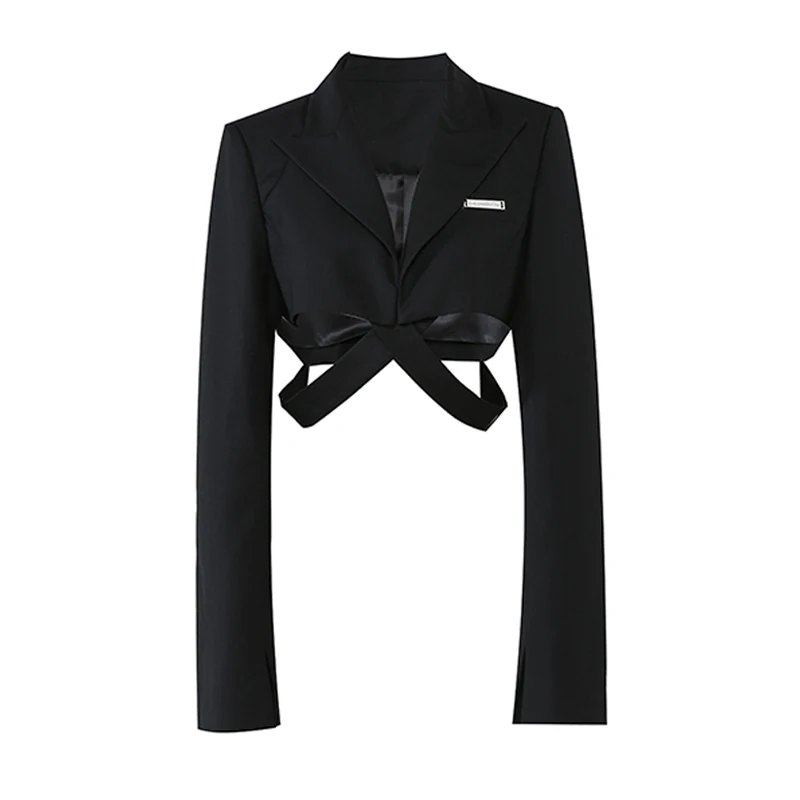 

NEW 2021 Autumn Chic Long Sleeve Turn Down Collar Cross Waist Hollow Out Slim Blazer Women Streetwear Black Crop Top Coat Female
