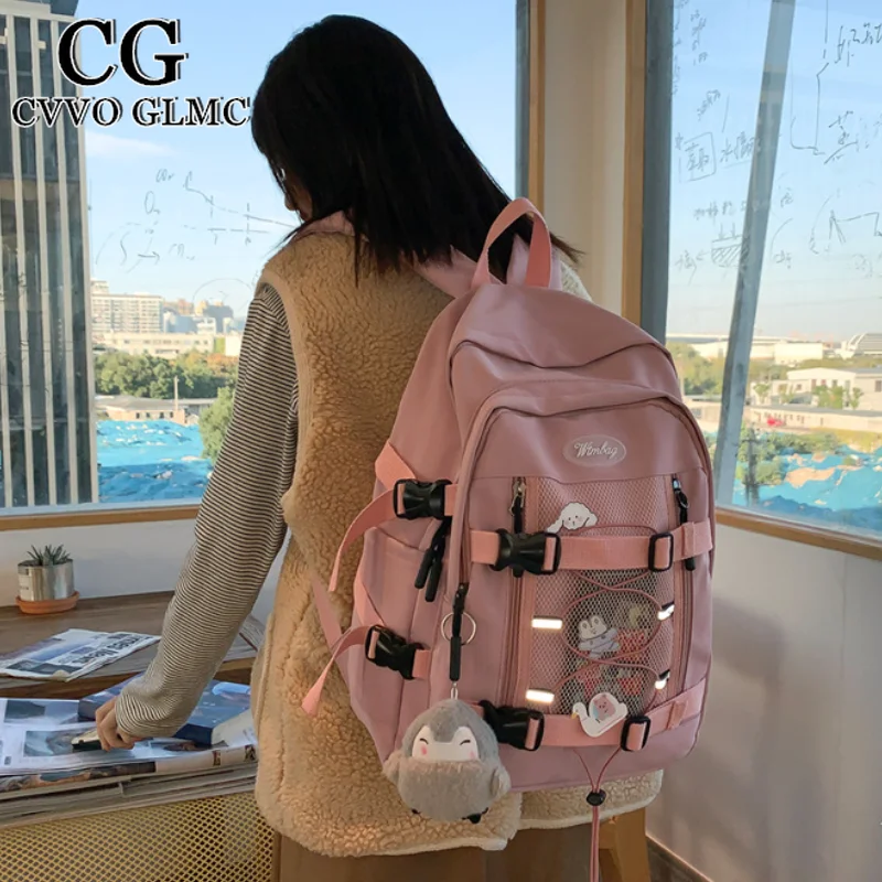 

Cvvo Glmc New Large Capacity Drawstring Women Backpack Female Multi-pocket Waterproof Nylon Book College Girl Buttons Schoolbag