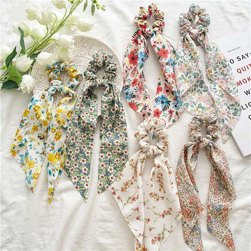 

CN Korean Long Ribbon Hair Scrunchie Chiffon Floral Print Sweet Elastic Hair Band Ponytail Hair Scarf Hair Tie Hair Accessories