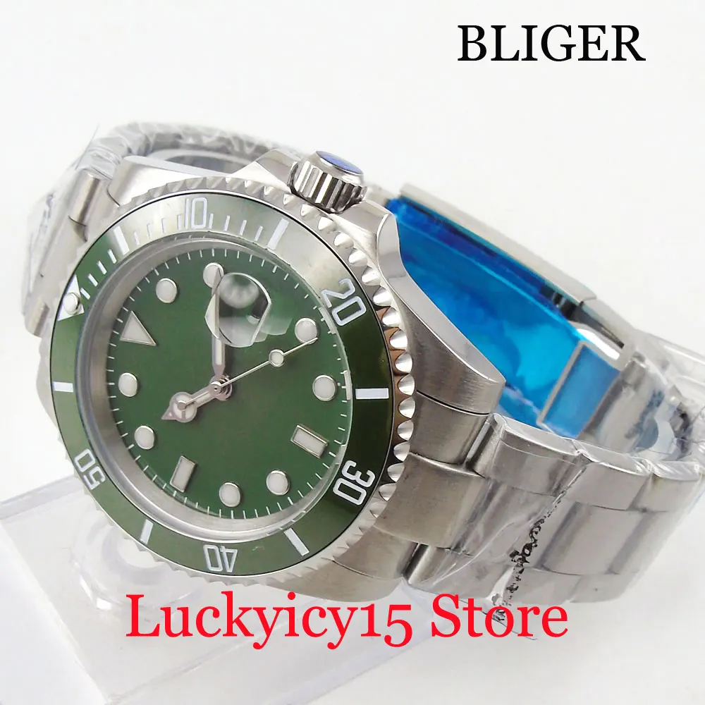 BLIGER Automatic Men s Watch Green Dial With Date Window Sapphire Glass 40mm Brushed Watch Case