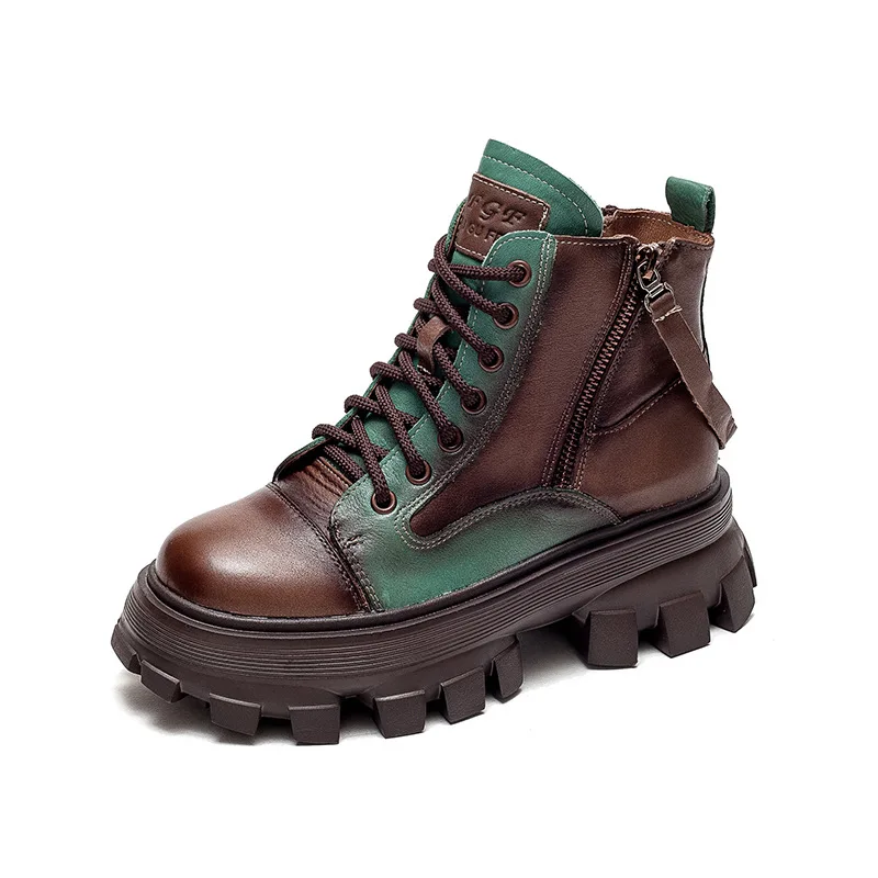 

Platform Women Boots Autumn Winter Real Leather Lace Up Martin Boots Fashion Vintage Womans Thick-soled Western Riding Boots
