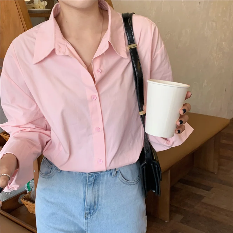 

Harajuku Pink Elegant Office Lady Minimalist Loose All Match Vintage New Casual Lapel Chic Gentle Sweet Tops Shirts