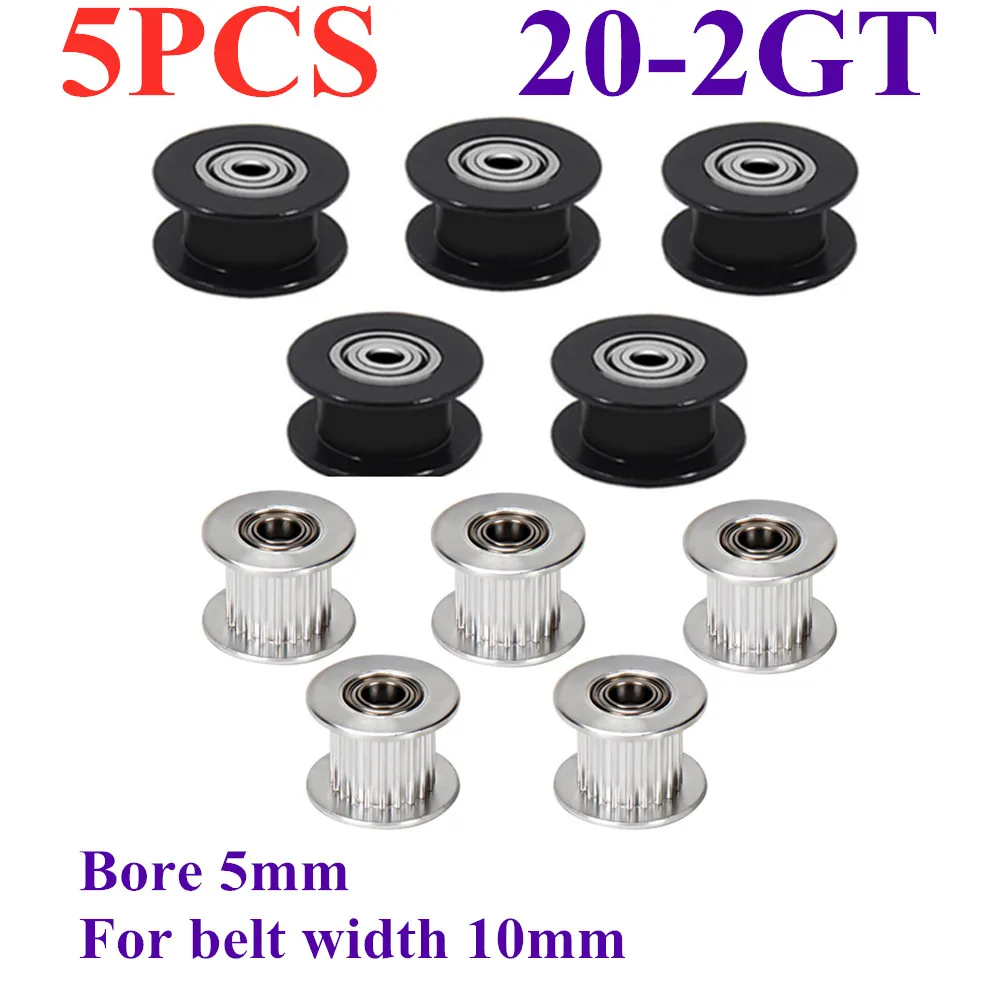 

5 шт. 2 м 2GT 20 зубьев синхронизация отверстие натяжного шкива 5 мм черный с подшипником для открытого ремня GT2 ширина 10 мм 20 зубьев 20 T колесо