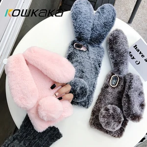 kowkaka cute rabbit ears fur plush phone shell for iphone 13 12 mini 11 pro max xs max xr x se 2020 6s 7 8 plus warm plush case free global shipping