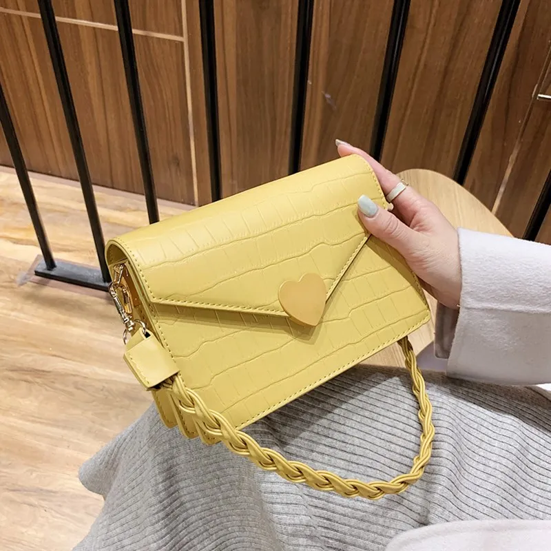 

Classic Small Square Crossbody Bag Luxury Women Love Heart Lock Handbag Weave Strap Leather Tote Bags Stone Pattern Shoulder Bag