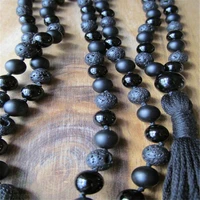 6mm lava black onyx gemstone 108 beads tassels mala necklace lucky energy bless buddhism wristband spirituality yoga chain veins