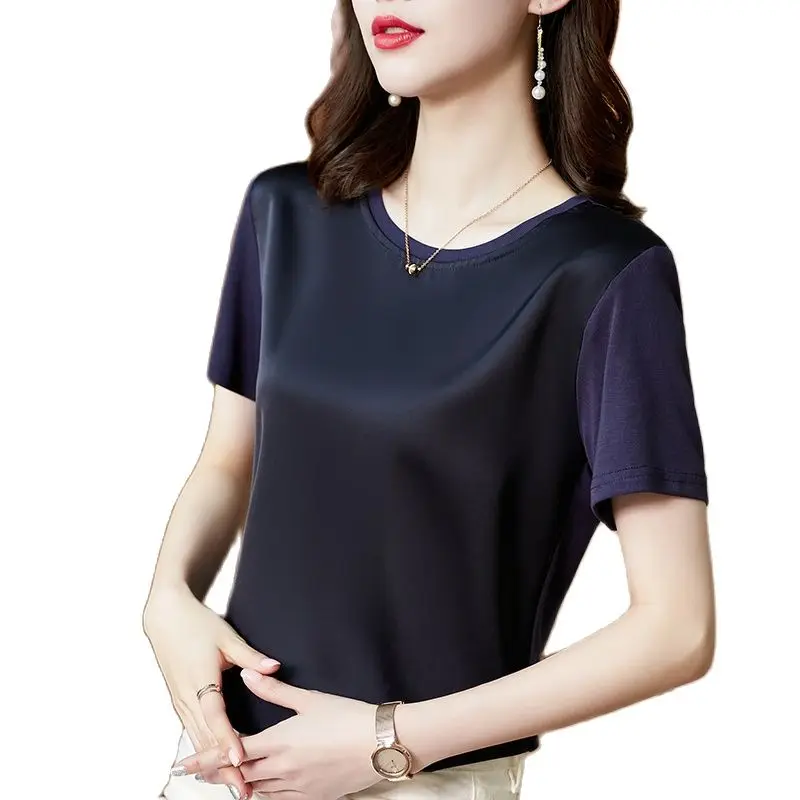 Summer Korean Fashion Silk T-shirts for Women Vintage Satin Tops for Women Short Sleeves Loose Office Lady Shirts