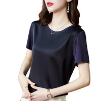 summer korean fashion silk t shirts for women vintage satin tops for women short sleeves loose office lady shirts