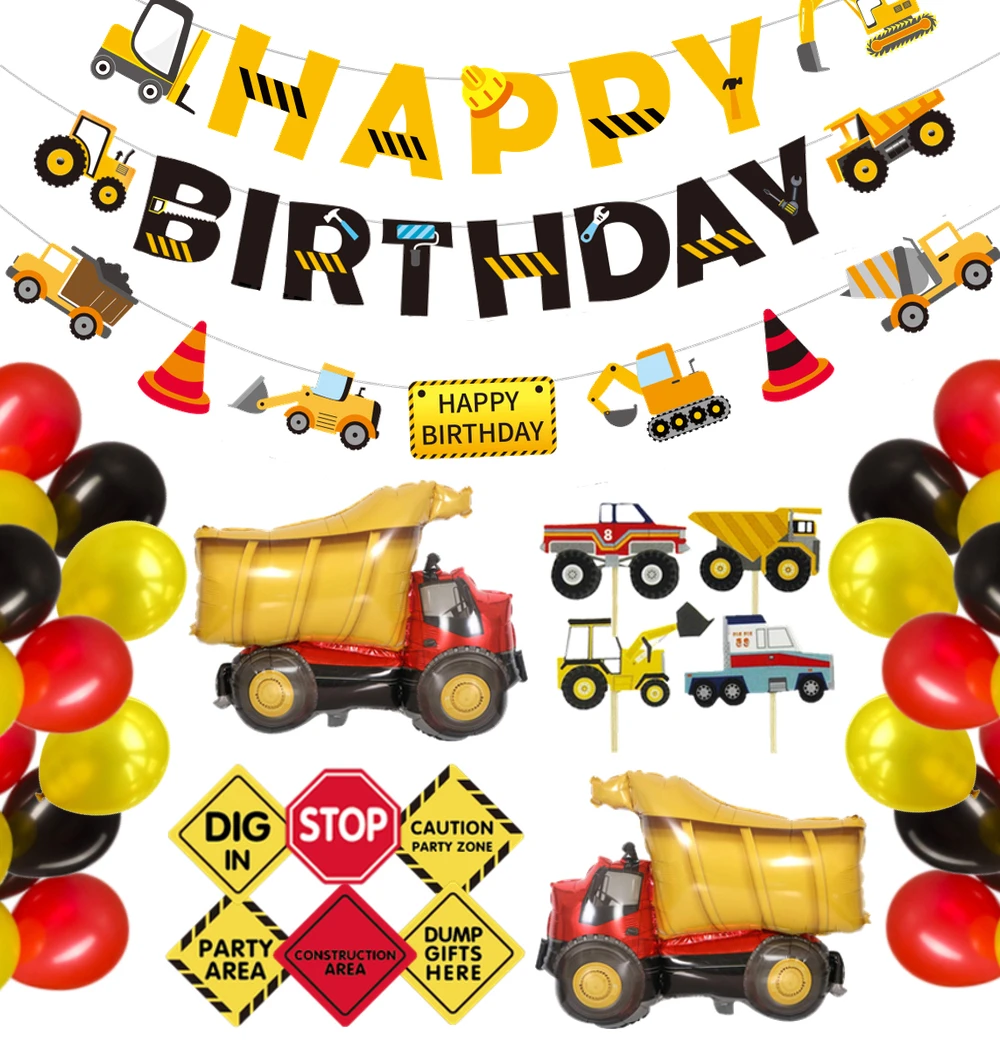 

Engineering Vehicle Theme Birthday Balloon Party Decoration Set Aluminum Film Latex Balloon+Cake Toppers+Banner Streamer Decor