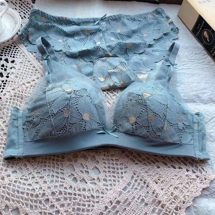 Милое кружевное нижнее белье нежный лепесток стиль комплект с бюстгальтером без