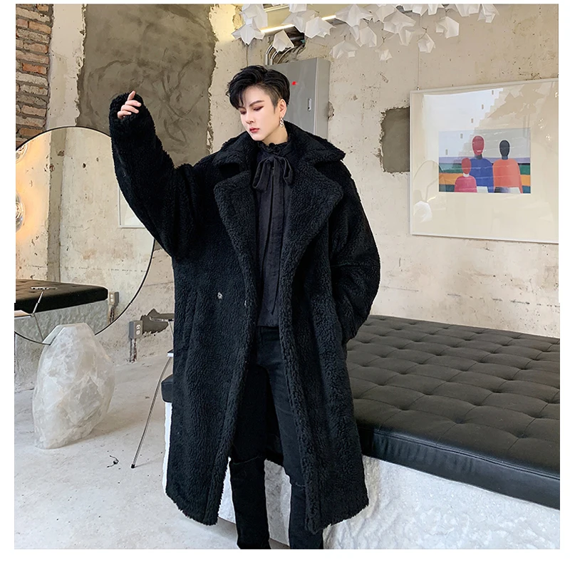 Зимний мужской длинный плащ свободное плотное пальто из овечьей шерсти верхняя