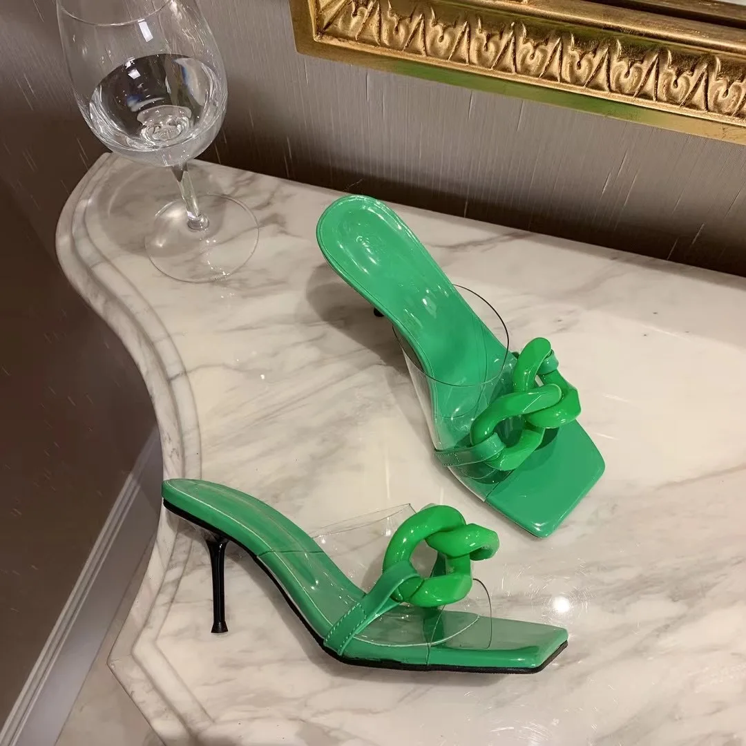 

Elegant Women Sandals Slippers Transparent Pumps Thin High Heels Metal Chain Candy Color Summer Slides Slippers Mules Shoes 39