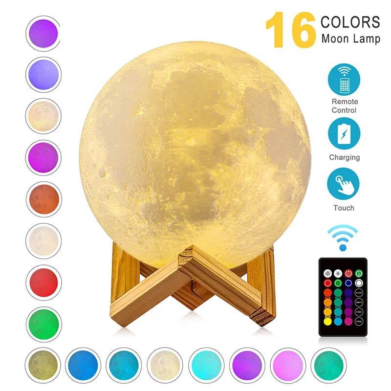 T20 LED Night Light 3D Print Moon Lamp Rechargeable Color Change 3D Light Touch Moon Lamp Children's Lights Night Lamp for Home