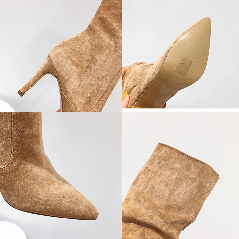 

2021 NEW Sexy Party Boots Fashion Suede Leather Shoes Women Pumps Knee-High Heels Boots Stretch Flock Winter Pointed Toe Boot