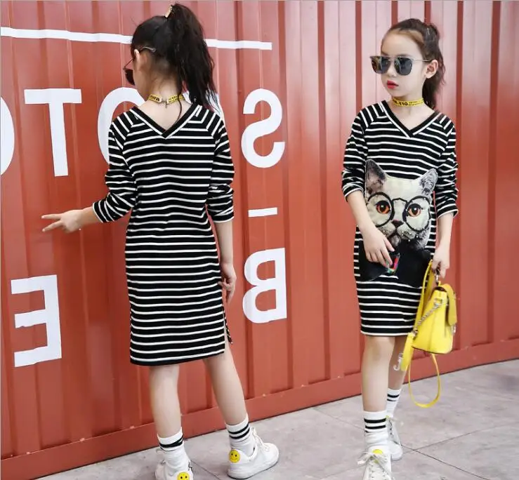 Children's dress Girls Spring and Autumn striped letter in the long casual blouse shirt Middle school student clothes