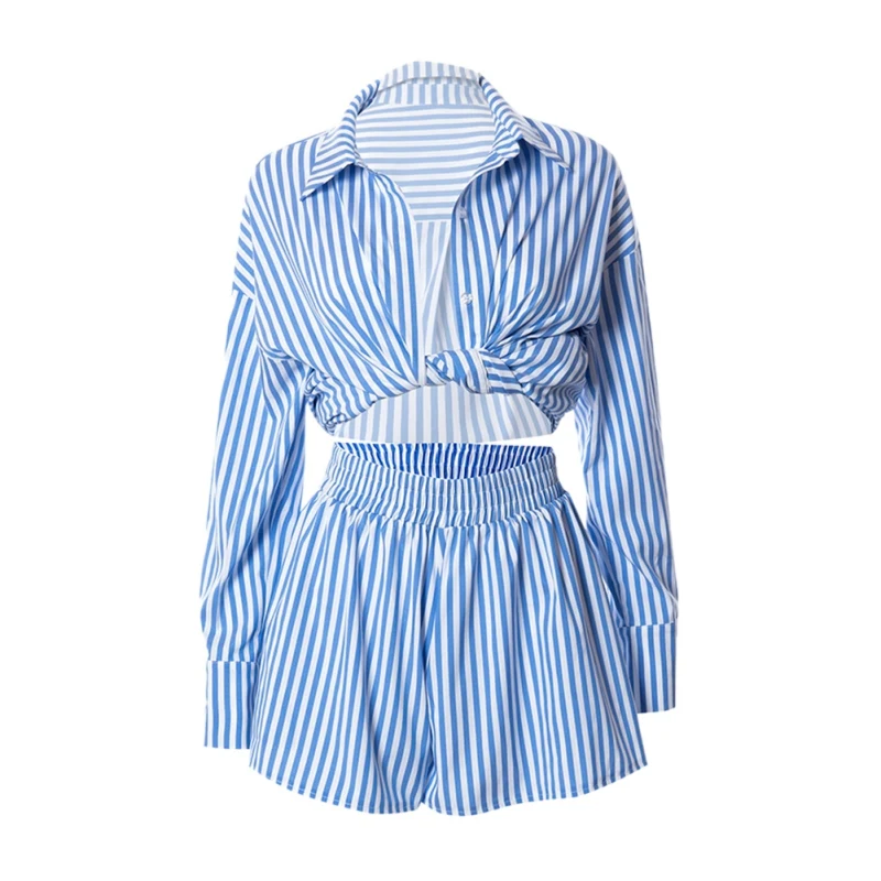 

High Quality Street Casual Suits Womens 2 Piece Shorts Sets Stripe Shirts Loose Long Sleeve Shorts Loungewear For Women