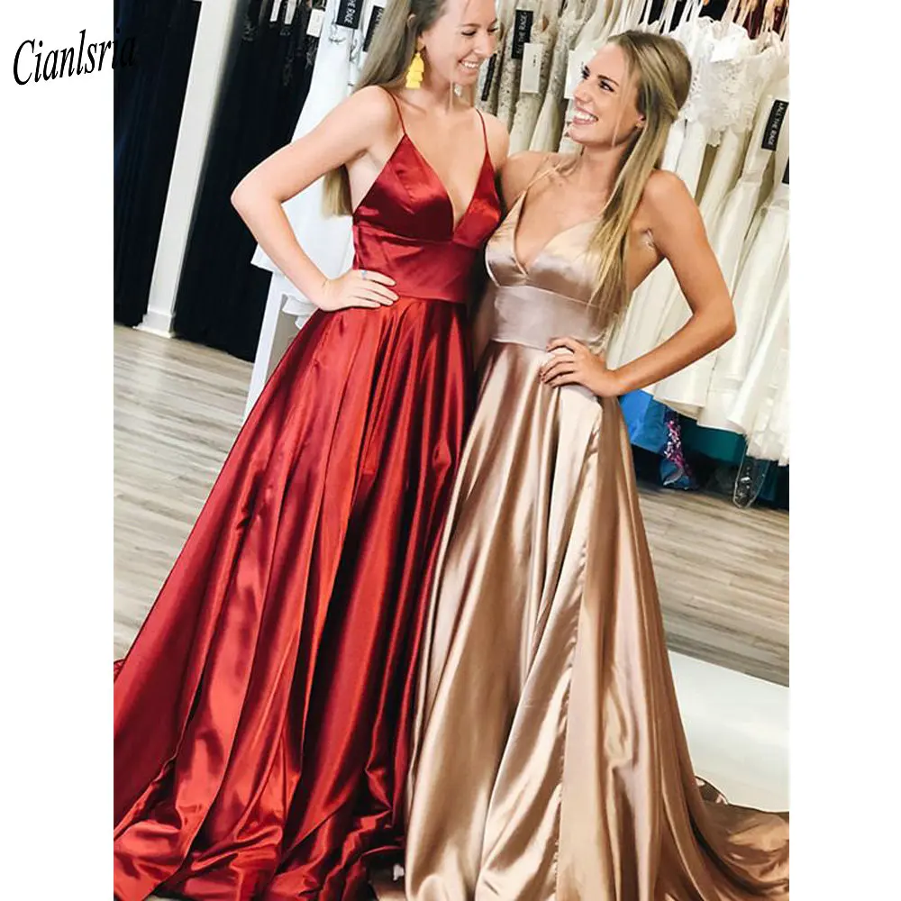 

Charming V-Neck Spaghetti Strap Long A-Line Evening Dress Sleeveless Open Back Simple Satin Formal Evening Party Dresses