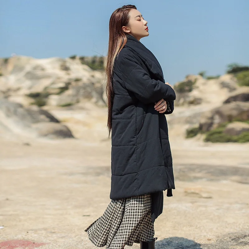 2021 Women Elegant Pockets Long Cotton Jackets Lapel Stitching Loose Winter Belt Parkas Women Fashion Straight Solid Coats