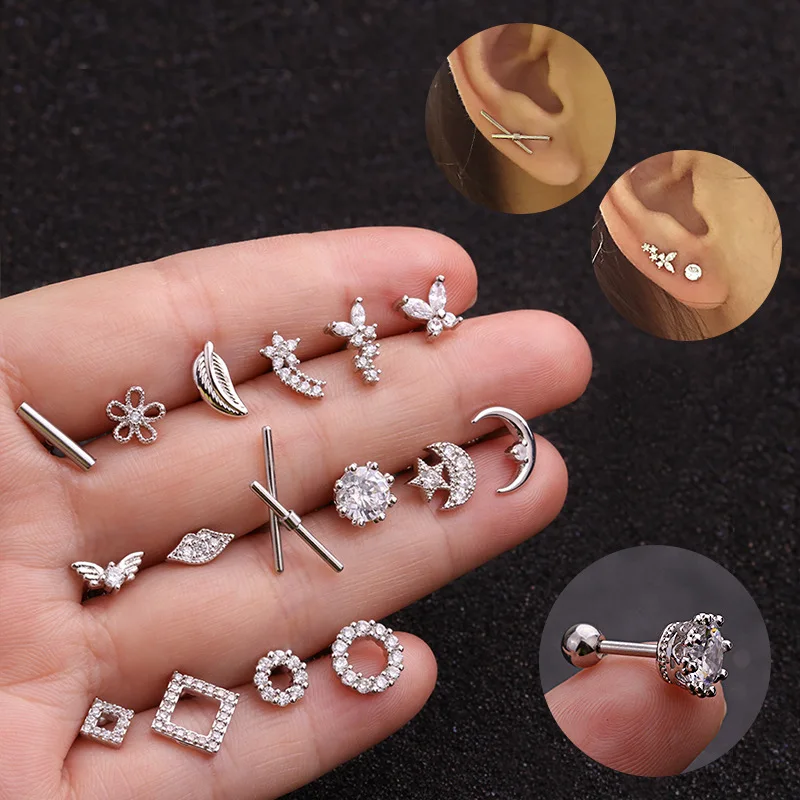 1pcs Body Jewelry Butterfly Round Square Moon Ear Studs Stainless Steel Barbell Zircon Tragus Cartilage Piercing Earring | Украшения и