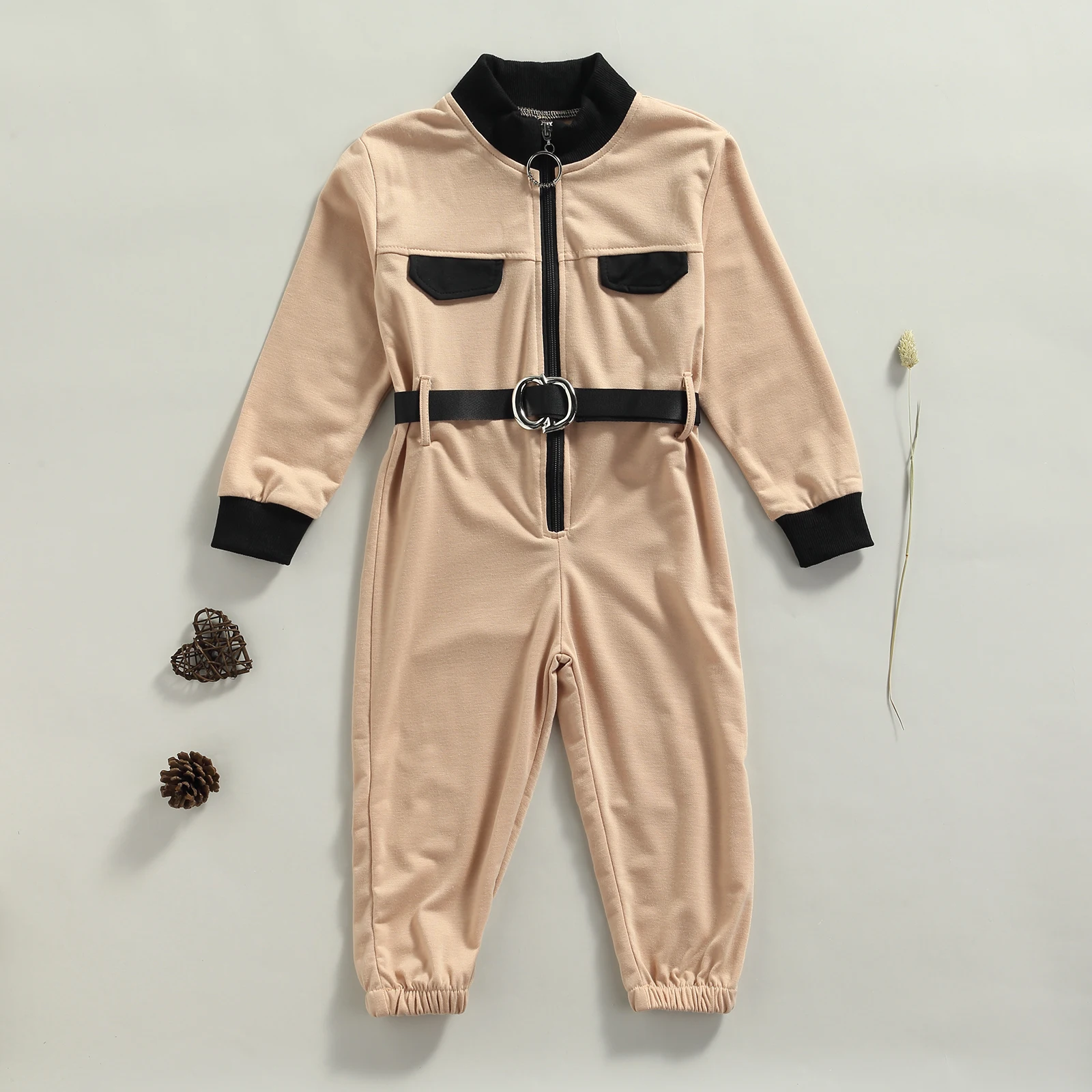 

Kids Jumpsuit Toddler Stand Collar Long Sleeve Romper with Zipper and Waist Belt for Spring Fall 4-9 Years