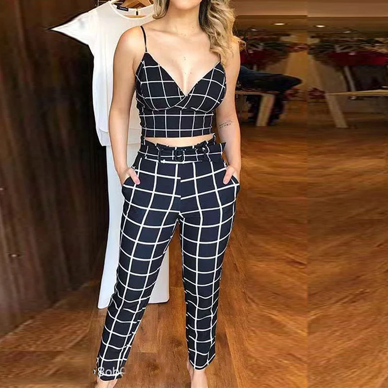 

Summer New Women's Pants Set Fashion Sexy Bandage 2 Two-piece Set Sleeveless Cami Top & Plaid Trousers Set