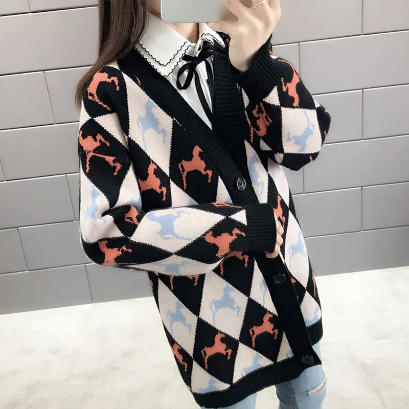 2019 New Spring Autumn Female Loose Student Sweater Cardigan Lattice Printed Single Breasted Color matching Knitting Women SS513 |
