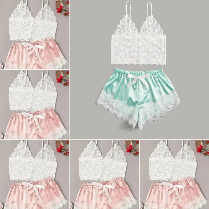 

2pcs Womens Lace Pajama Set Sleeveless Crop Tops Elastic Bowknot Shorts Ladies Two Piece Set Solid Color Sleepwear Summer Pajama